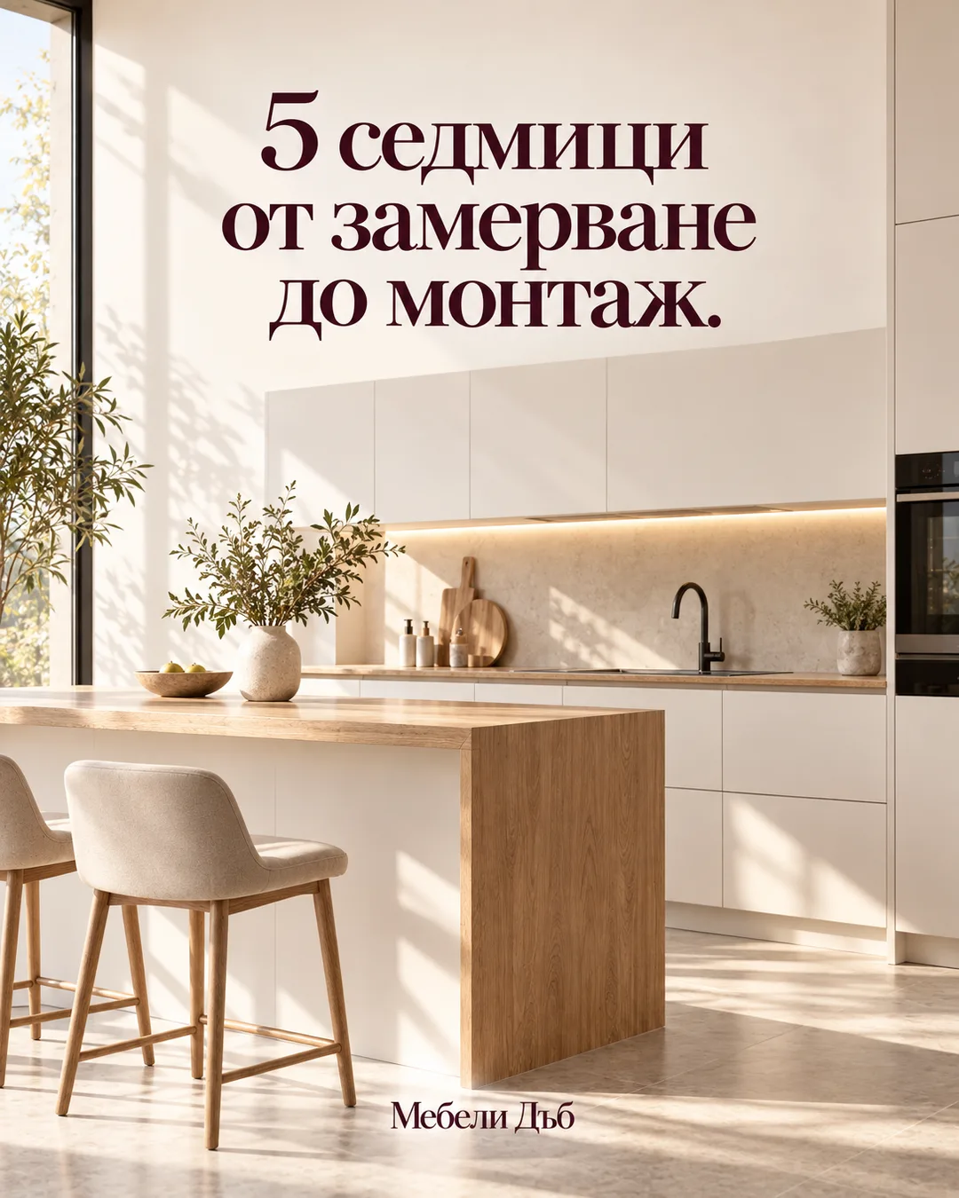 Модерна кухня в бял мат с дъбов плот