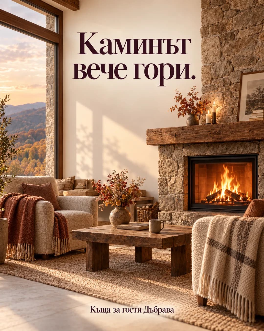 Пост на къща за гости Дъбрава: каменна дневна с горяща камина и надпис „Каминът вече гори.“