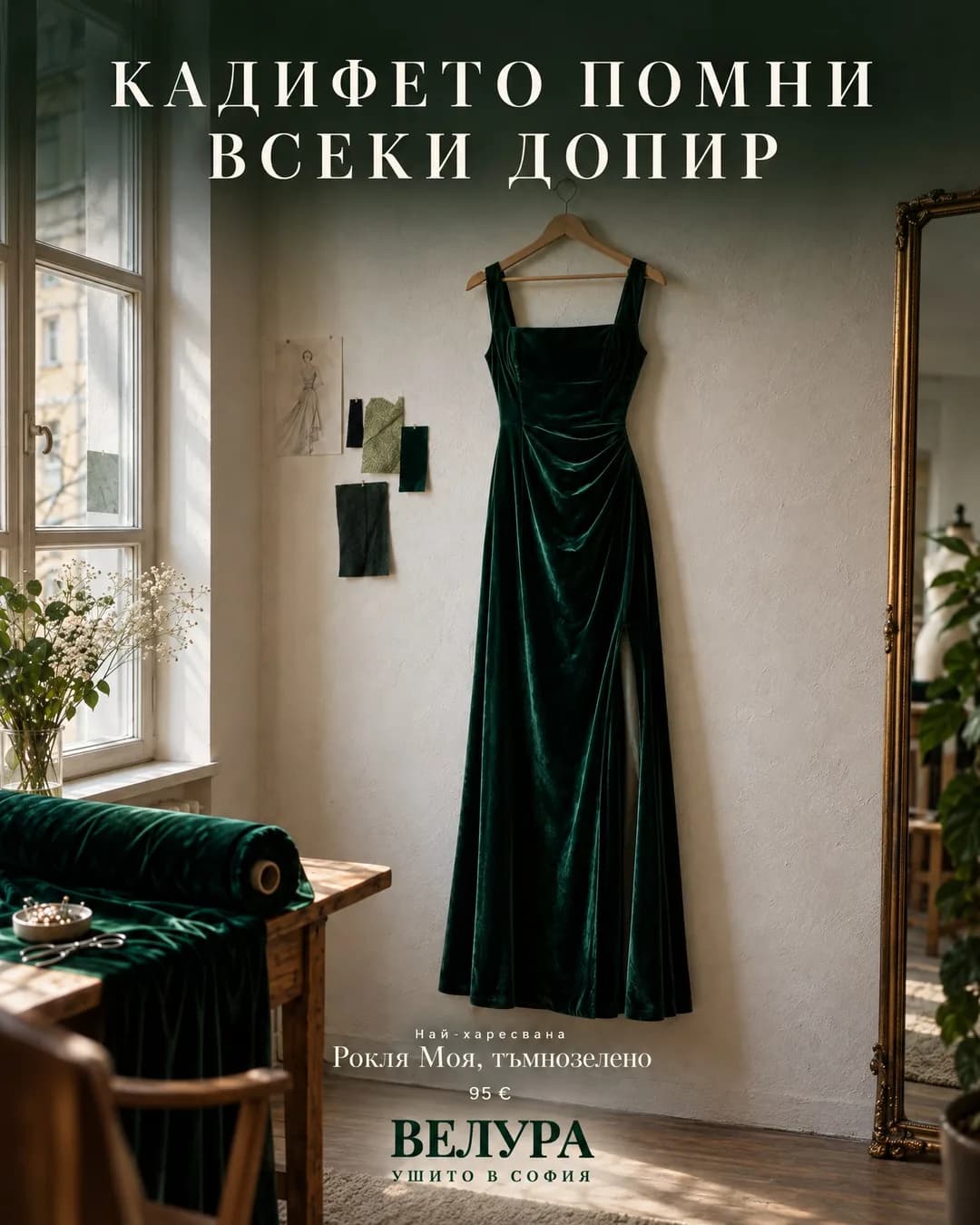 Дълга тъмнозелена кадифена рокля с квадратно деколте виси на дървена закачалка на светла стена в ателие, до прозорец и маса с ролка кадифе. Отгоре пише „КАДИФЕТО ПОМНИ ВСЕКИ ДОПИР“, отдолу „Най-харесвана“, „Рокля Моя, тъмнозелено“, „95 €“ и логото Велура.
